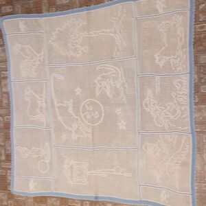 Charming Cream and Blue Kids Crotched Blanket Vintage Handmade